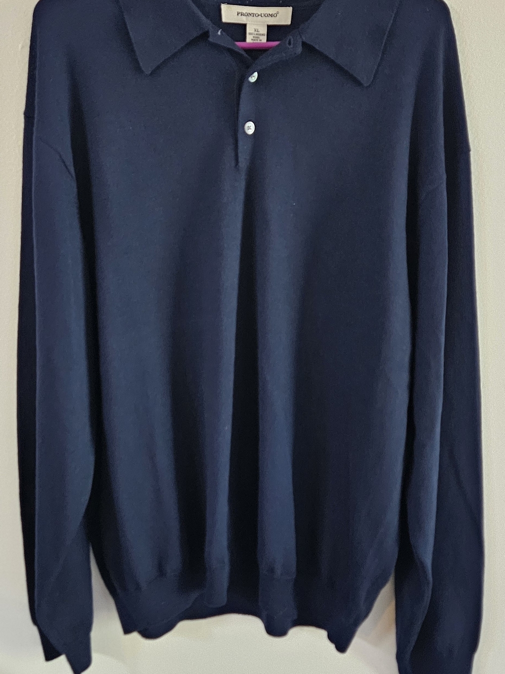 Pronto Uomo Navy Blue Crewneck Polo Sweater. Merino Wool, Office, Preppy